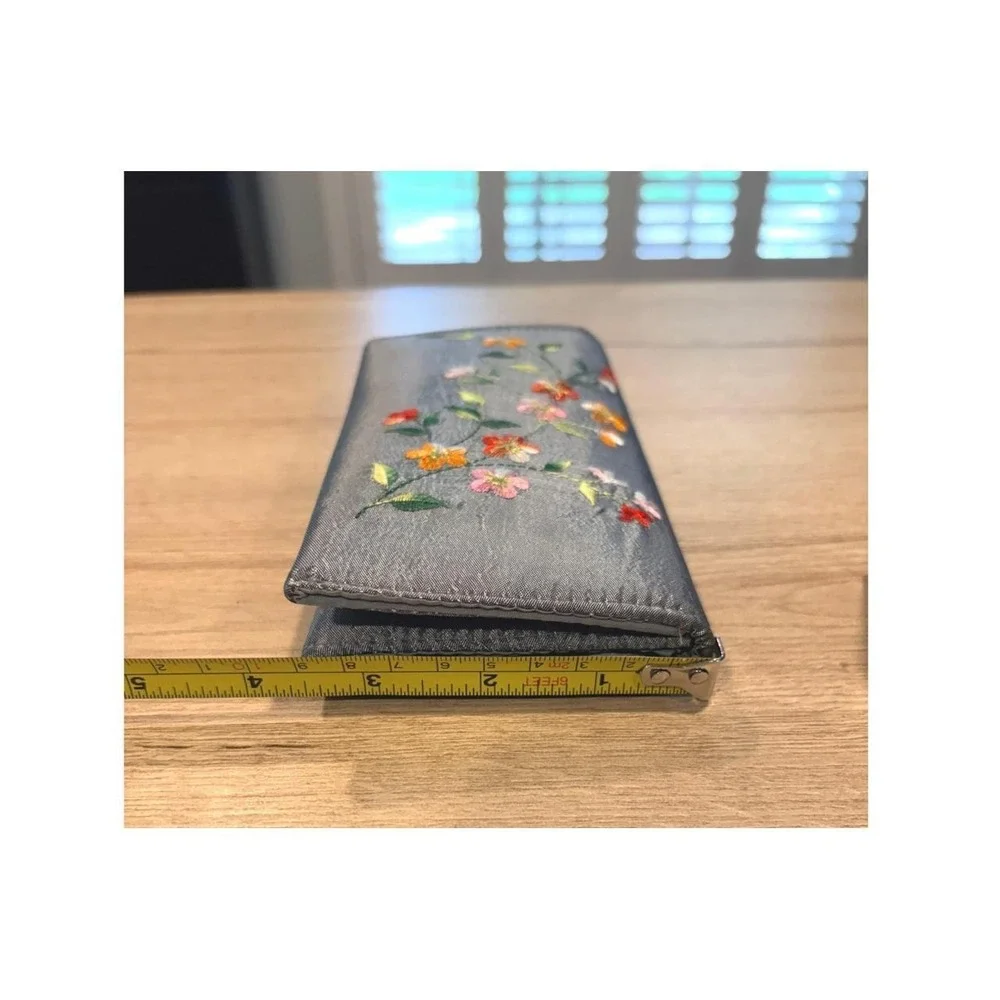 Floral Embroidered Gray Satin Clutch Wallet Magnetic Snap Organizer